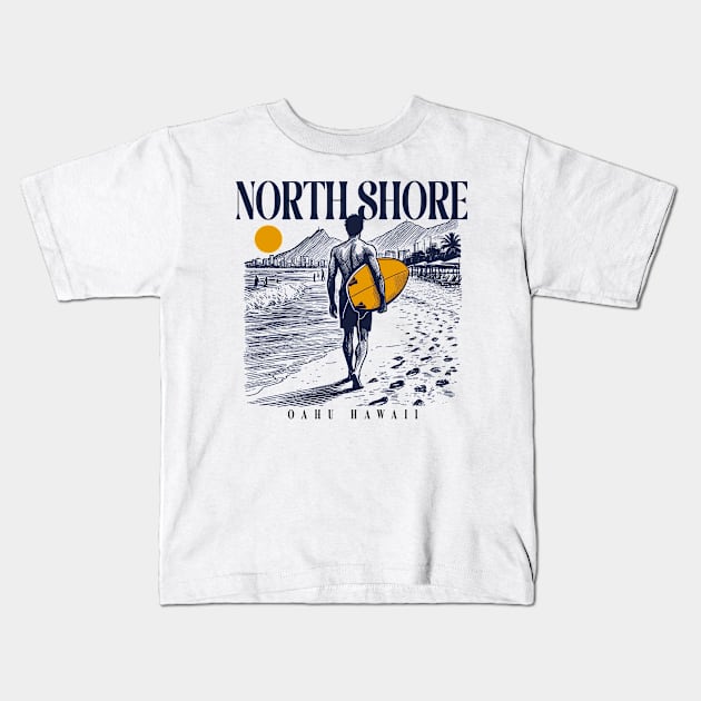 Vintage Surfing North Shore Oahu, Hawaii // Retro Surfer Sketch // Surfer's Paradise Kids T-Shirt by Now Boarding
